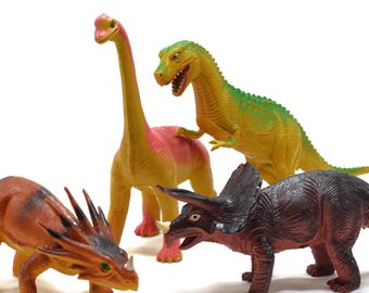 Vintage Dinosaur Toys (Set of 4) - Red & Yellow Long Necked Dino Decor - 1985 Imperial Toys