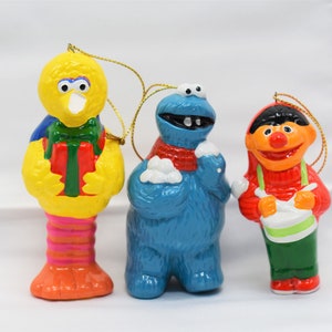 Trio of Sesame Street Vintage Ceramic Christmas Ornaments (Cookie Monster, Ernie, and [Damaged] Big Bird - Lot of 3 Muppets)