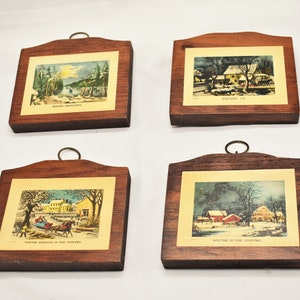 Vintage Currier & Ives Wooden Winter Christmas Wall Hangings (Lot of 4) c. 1960s