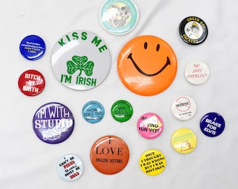 Vintage Retro Pins - Groovy 1970s, 1980s, 1990s Buttons for Bags, Backpacks, Lapel