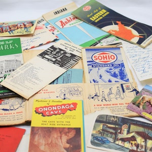 Vintage 50s Roadtrip Paper Ephemera, Folletos de turismo y viajes, Postales, Hoja de ruta, Carta manuscrita, Franqueo - Sohio Tour Kit (15 piezas)