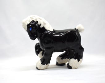 Vintage Clydesdale Horse Figurine - Black & White with Royal Blue Eyes - Painted Retro Ceramic