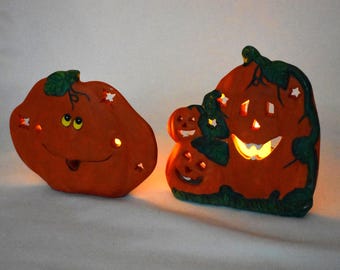 Vintage Pumpkin Ceramic Tea Light Holders (Set of 2) - c. 1990s Jack-o'-Lantern Halloween Decor (Orange & Green)