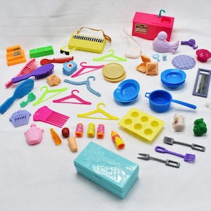 Vintage Barbie Accessories Mixed Lot - 70s, 80s, and 90s Mattel Barbie doll toy miniature accessories (kitchen, food, bath, furniture)