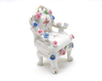 Vintage Porcelain Miniature Chair - Pink & Blue Floral Detail and Metallic Gold Trim