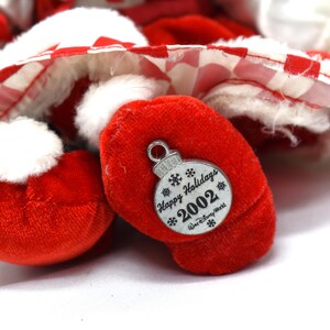 May include: Close-up of a plush toy's red foot with a white pom-pom and a silver ornament. The ornament reads "Happy Holidays 2002" and features snowflakes. The toy has a red and white checkered pattern.