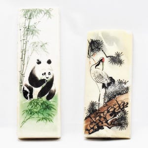 Vintage Panda & Crane Paperweights - White Marble Chinese Home Decor (Set of 2 Hand-Painted Slabs)