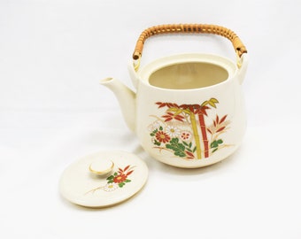 Vintage Japanische Edsin Teekanne - Keramik Bambus und Blumen Schöne Teekanne mit Deckel, Griff und eingebautem Sieb