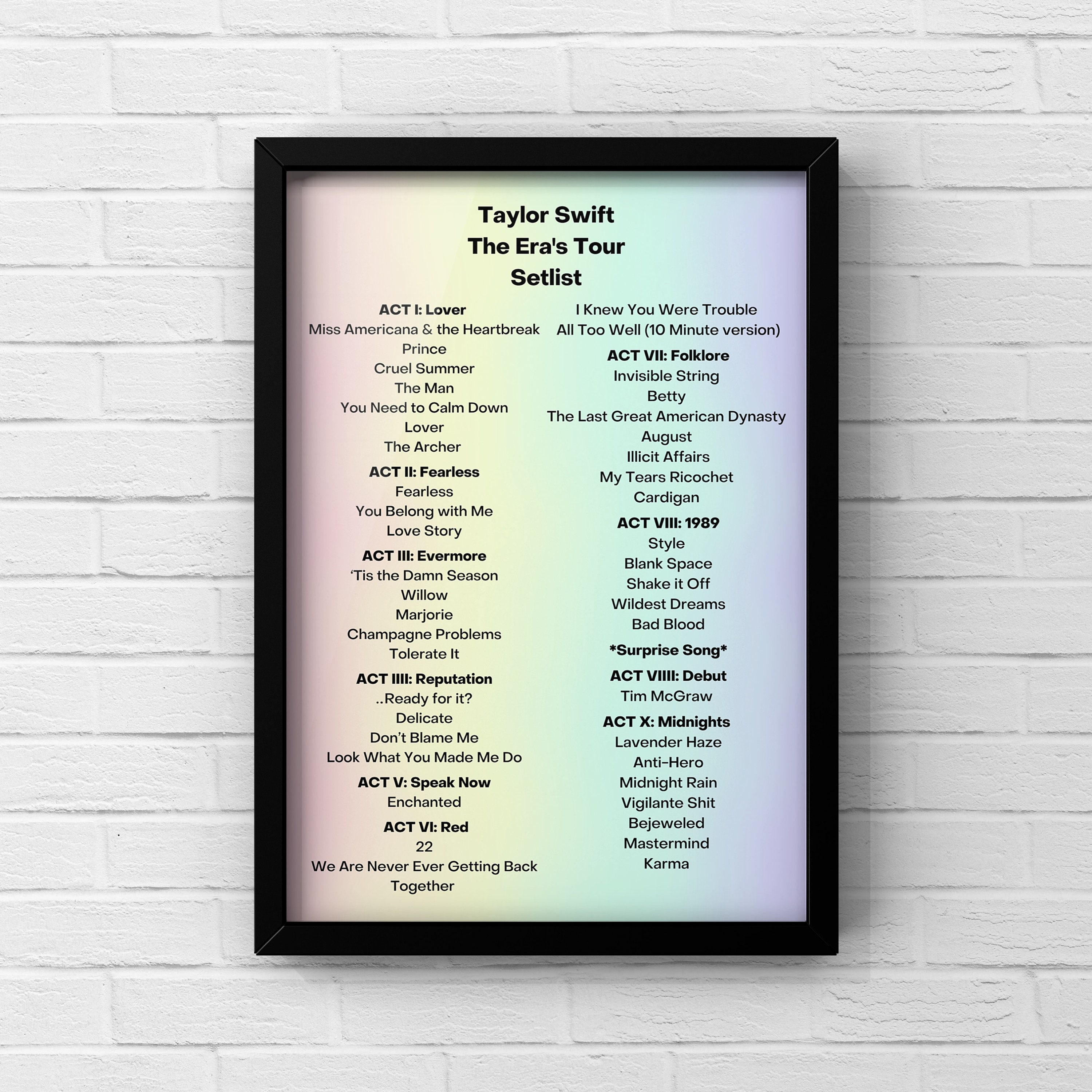 Eras Tour Setlist Taylor Swift Etsy