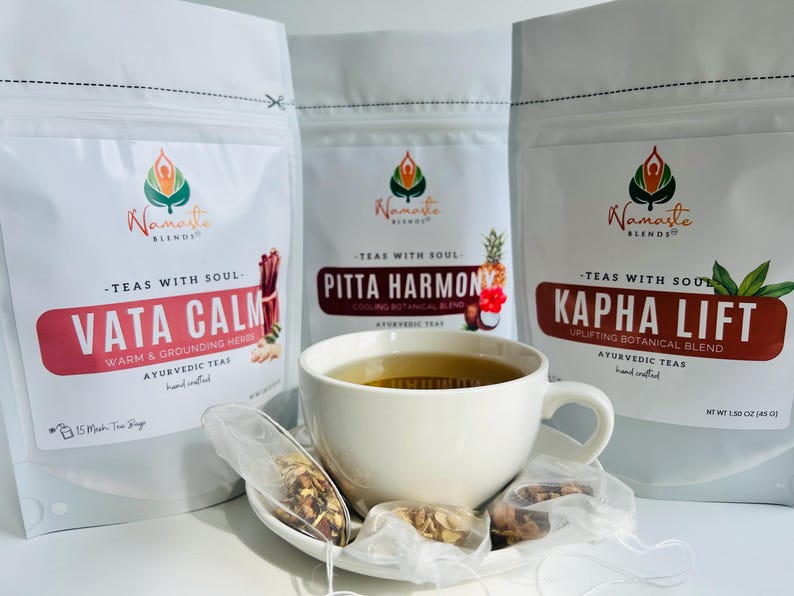 Herbal tea bags packaging with digestion balance blend, natural botanical tea bags, caffeine free herbal tea for daily ritual, cozy tea gift for self care and mindful tea moments