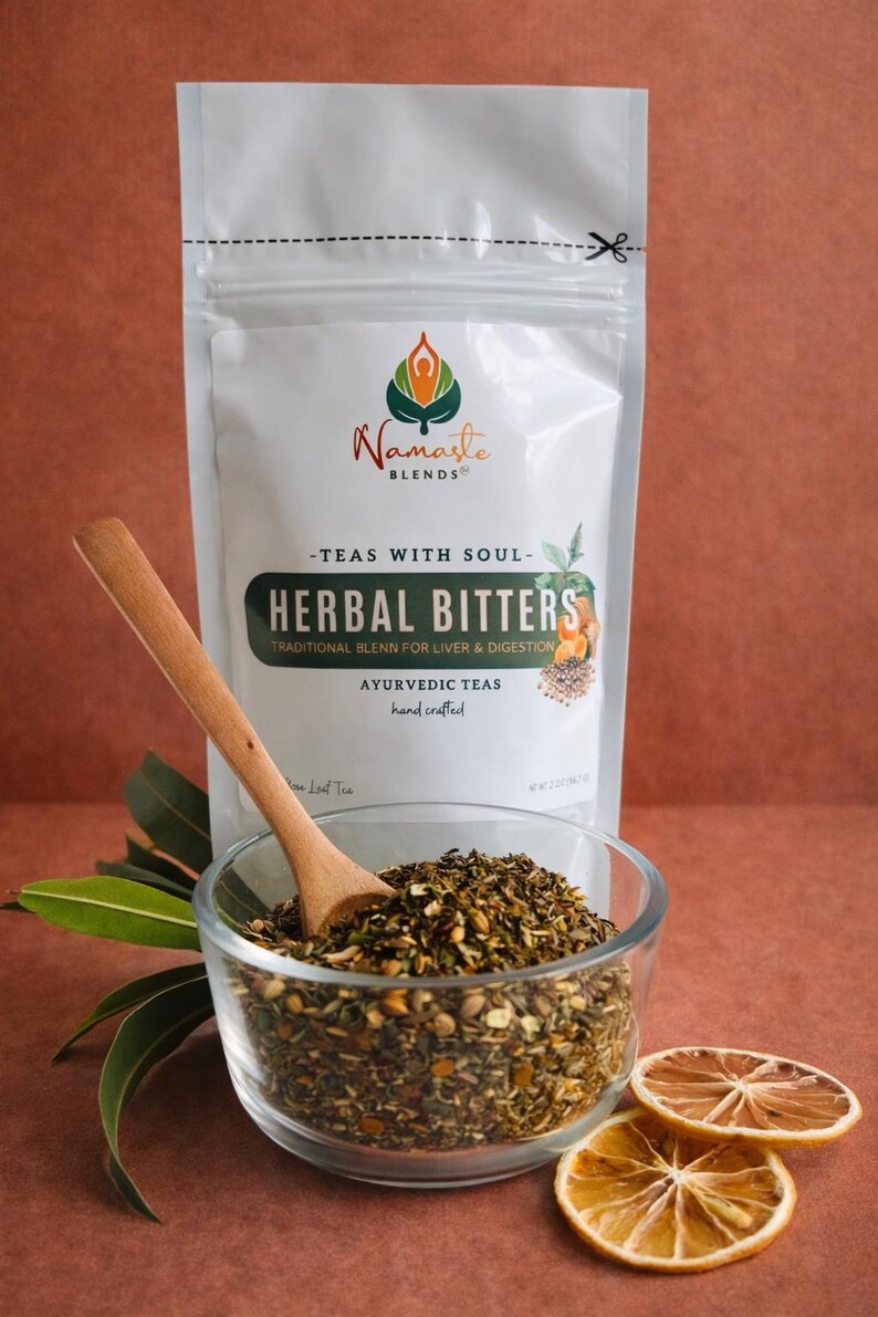 Herbal tea bags packaging with digestion balance blend, natural botanical tea bags, caffeine free herbal tea for daily ritual, cozy tea gift for self care and mindful tea moments