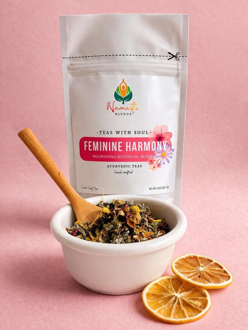 Herbal tea bags packaging with digestion balance blend, natural botanical tea bags, caffeine free herbal tea for daily ritual, cozy tea gift for self care and mindful tea moments