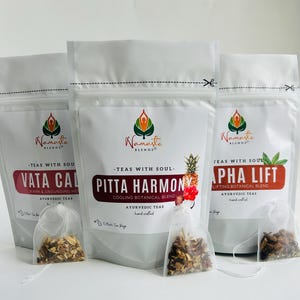 Herbal tea bags packaging with digestion balance blend, natural botanical tea bags, caffeine free herbal tea for daily ritual, cozy tea gift for self care and mindful tea moments