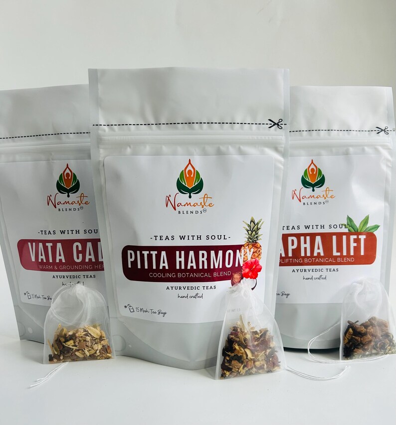 Herbal tea bags packaging with digestion balance blend, natural botanical tea bags, caffeine free herbal tea for daily ritual, cozy tea gift for self care and mindful tea moments