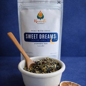 Herbal tea bags packaging with digestion balance blend, natural botanical tea bags, caffeine free herbal tea for daily ritual, cozy tea gift for self care and mindful tea moments
