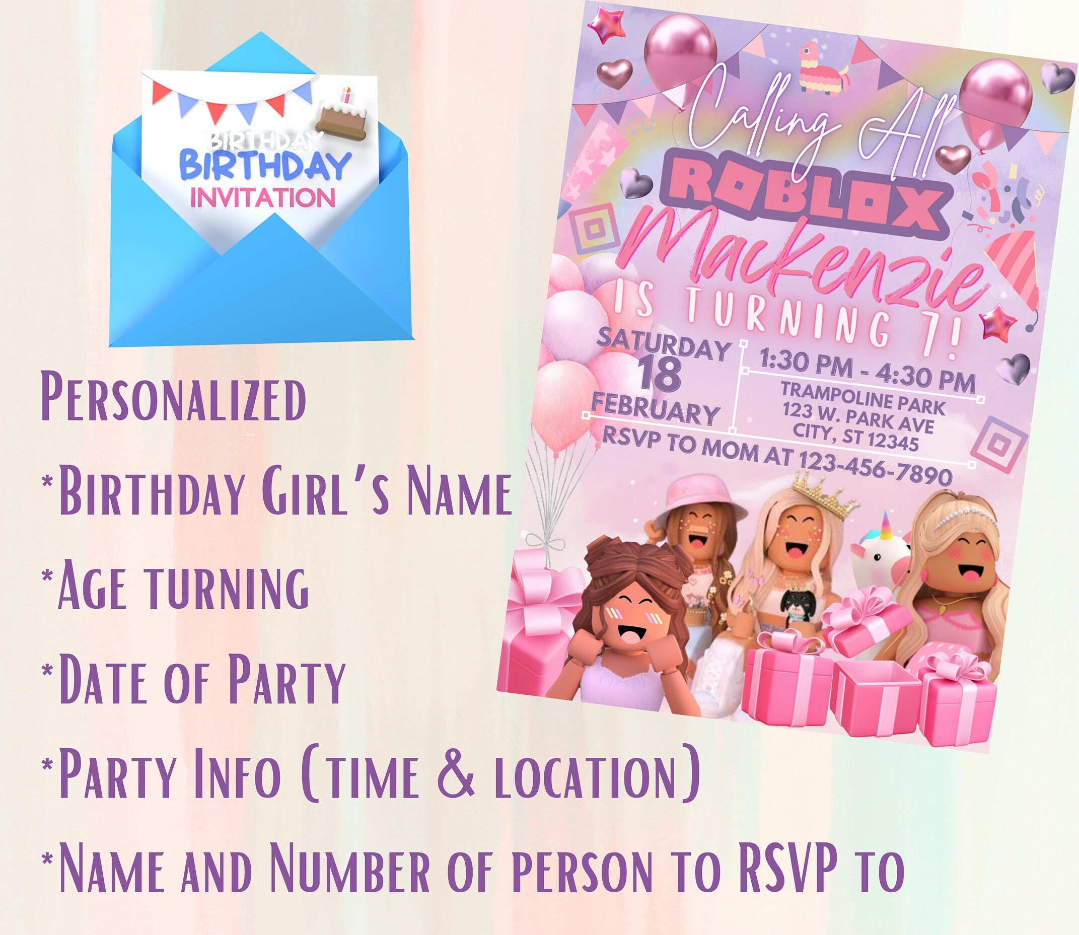 Custom Name Age Birthday Girl/Boy Png, Roblox Kids Birthday