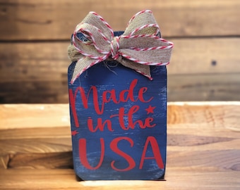USA, wood mason jar, farmhouse decor, tiered tray filler, mini sign, patriotic decor, wood block sign, 4th of July decor, made in the USA