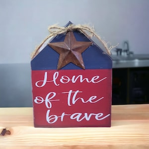 USA, wood house, farmhouse decor, tiered tray filler, mini sign, patriotic decor, wood block sign, 4th of July decor, home of the brave