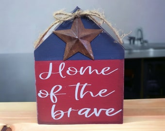 USA, wood house, farmhouse decor, tiered tray filler, mini sign, patriotic decor, wood block sign, 4th of July decor, home of the brave