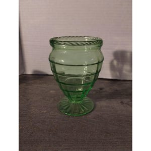Green Block Optic Uranium Glass Vase 5&quot; Ribbed Design Vintage Style