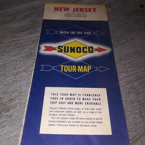 May include: A vintage Sunoco Tour-Map for New Jersey with city maps of Newark, Atlantic City, Trenton, and Manhattan. The map is free to Sunoco customers and includes a map of the Eastern United States.