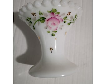 Hobnail Beaded Edge Hand Painted White Milk Glass Vase