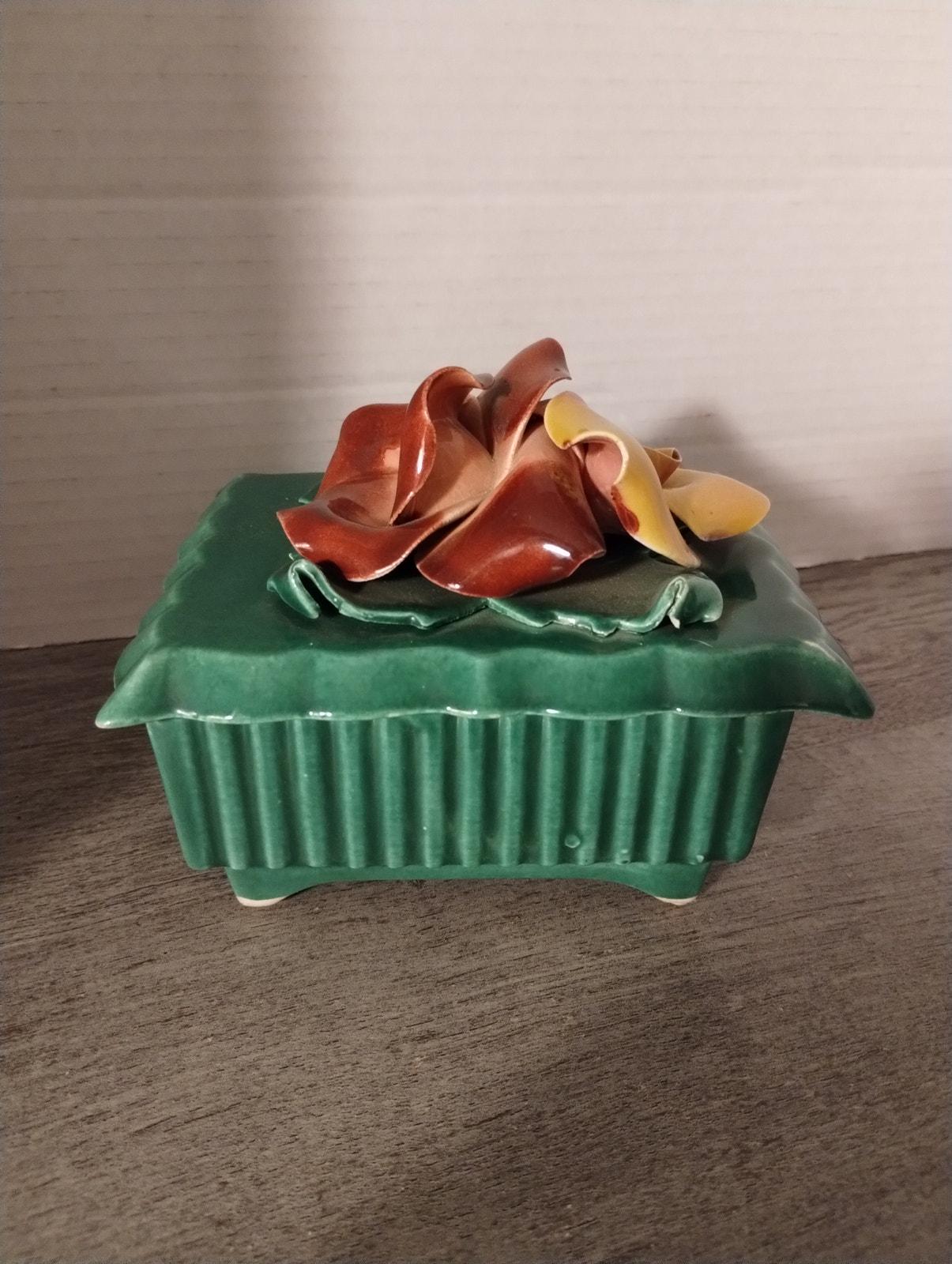Johannes Brahm Green Trinket Box Flower Lid California Pottery USA