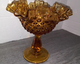 Fenton Glass Hobnail Honey Amber Ruffled Pedestal Candy Dish Compote