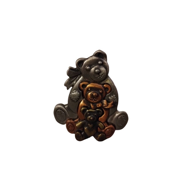 Luca Razza Brooch Teddy Bear Family Mixed Metals Signed "L RAZZA" 2"