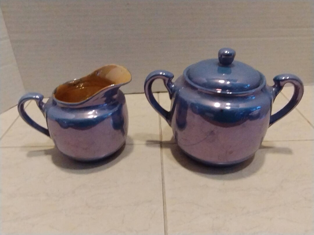 Creamer and Sugar Bowl With Lid Lusterware Porcelain Peach