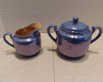 Creamer and Sugar Bowl with Lid Lusterware Porcelain Peach Blue Made in Japan