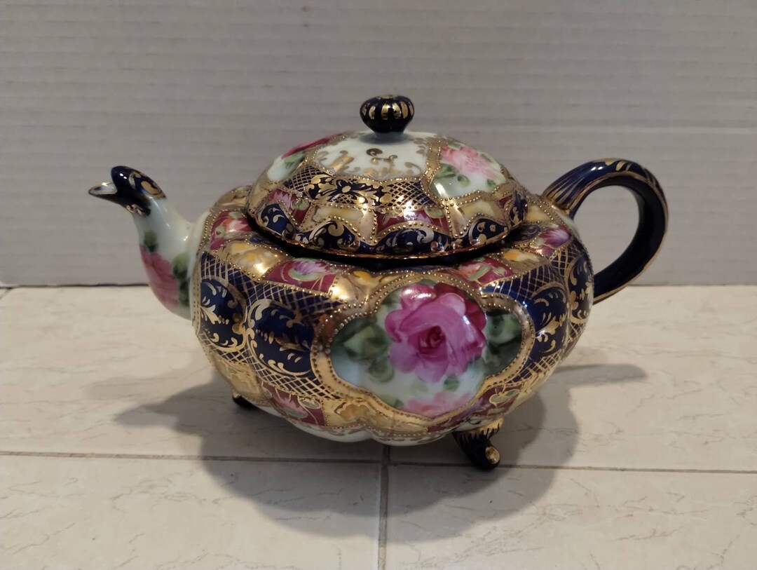 Antique Hand Painted Nippon Teapot Cobalt Blue Floral and Etsy