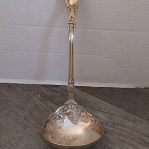 May include: A silver plated serving ladle with a grapevine design. The ladle has a long handle and a wide, rounded bowl.