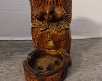 Carved Wood Owl Ashtray