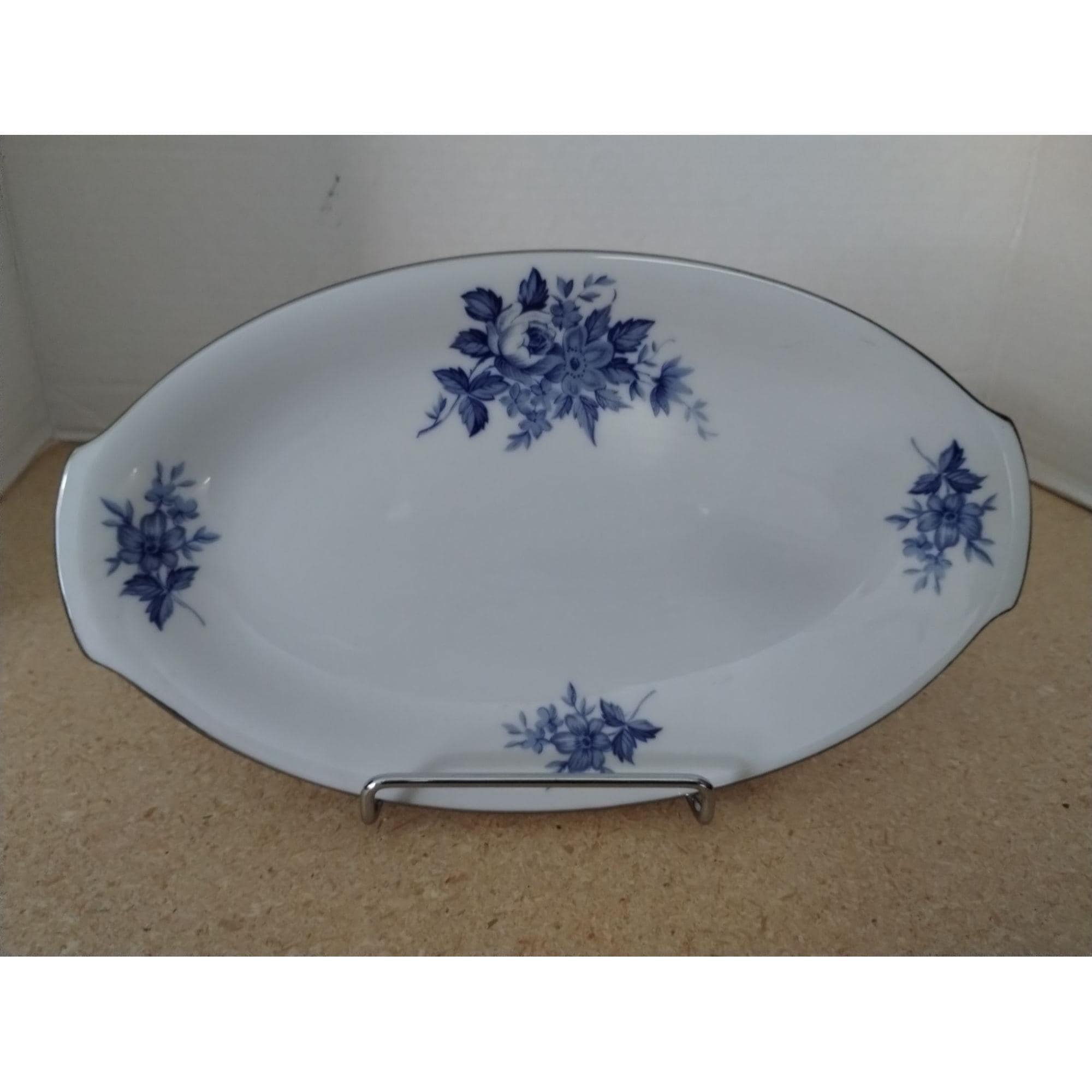 Oval Serving Plate Fukagawa Arita 8124 Blue Flower Platinum Rim 10