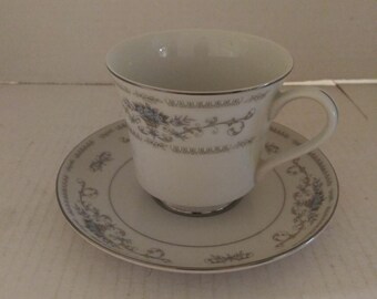 Diane Wade Fine Porcelain China Japan Footed Tea Cup and Saucer Set Blue Flower