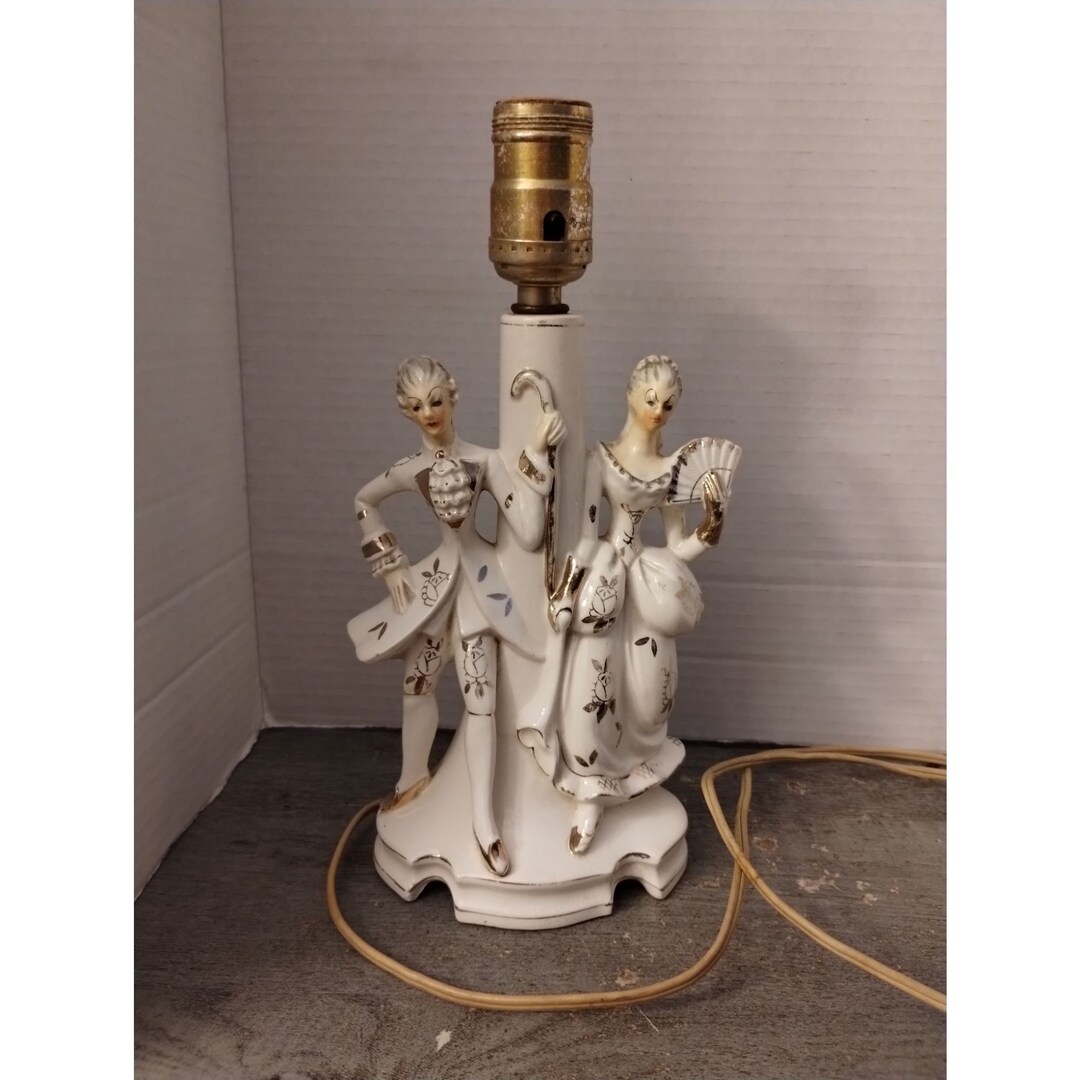 Porcelain Figurine Bedroom Lamp Victorian Colonial Couple Gold Accent