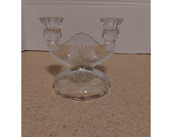 Jeanette Sunburst Clear Pressed Glass Double Candle Holder