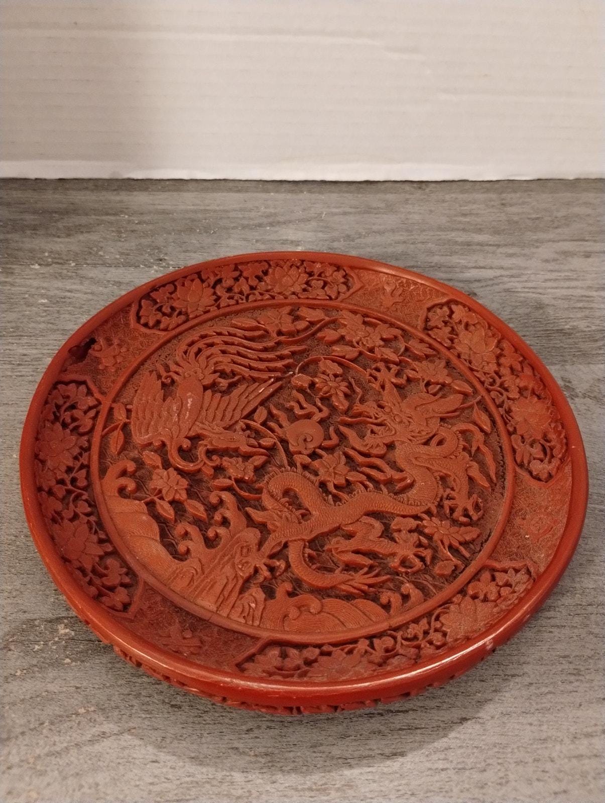 Cinnabar Lacquer Carved Dragons Phoenix Plate Replica National