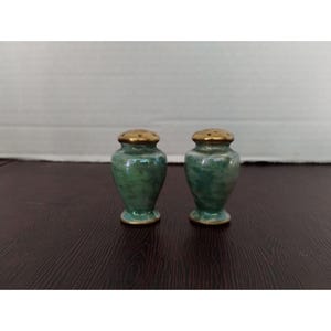 German Ceramic Salt & Pepper Shakers With Green Glaze Gold Accents