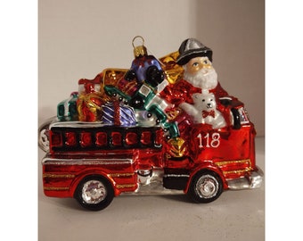 Santa on a Fire Engine European Glass Mouth Blown Hand Painted Ornament Poland