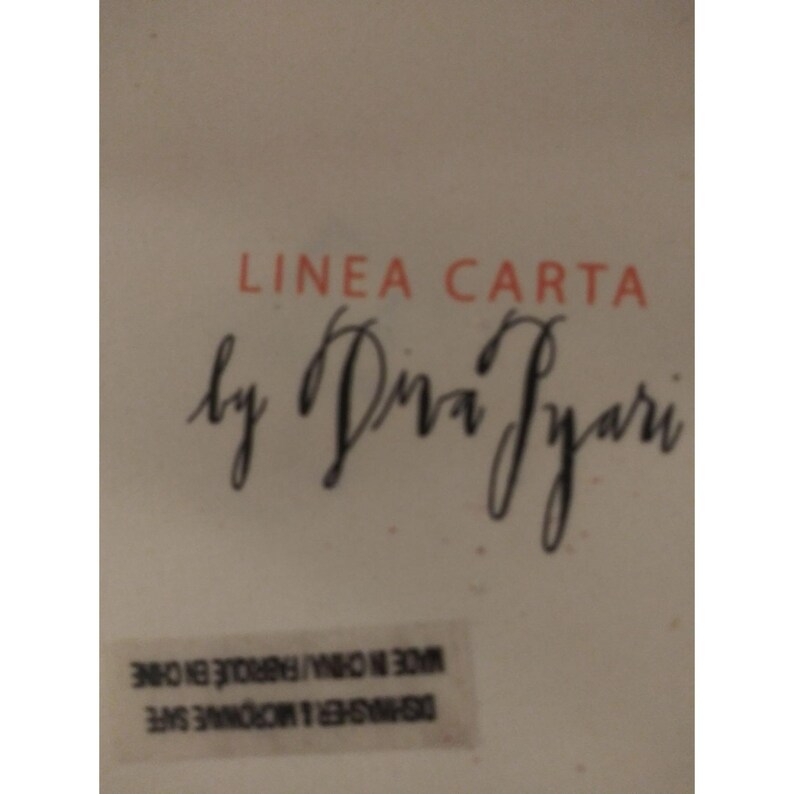 K&ouml;nnte beinhalten: Eine wei&szlig;e Karte mit dem Text "LINEA CARTA by Diva Lyari" in schwarzer Kursivschrift. Der Text "DISHWASHER & MICROWAVE SAFE" und "MADE IN CHINA/FABRIQUE EN CHINE" ist in Schwarz auf einem wei&szlig;en Etikett gedruckt.