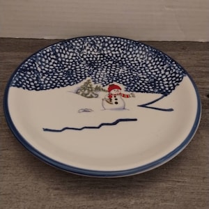 May include: A white ceramic plate with a blue rim and a winter scene featuring a snowman with a red hat and scarf. The background is a blue and white snow pattern.