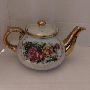 Roses Pearlized Porcelain Teapot with Gold Accents