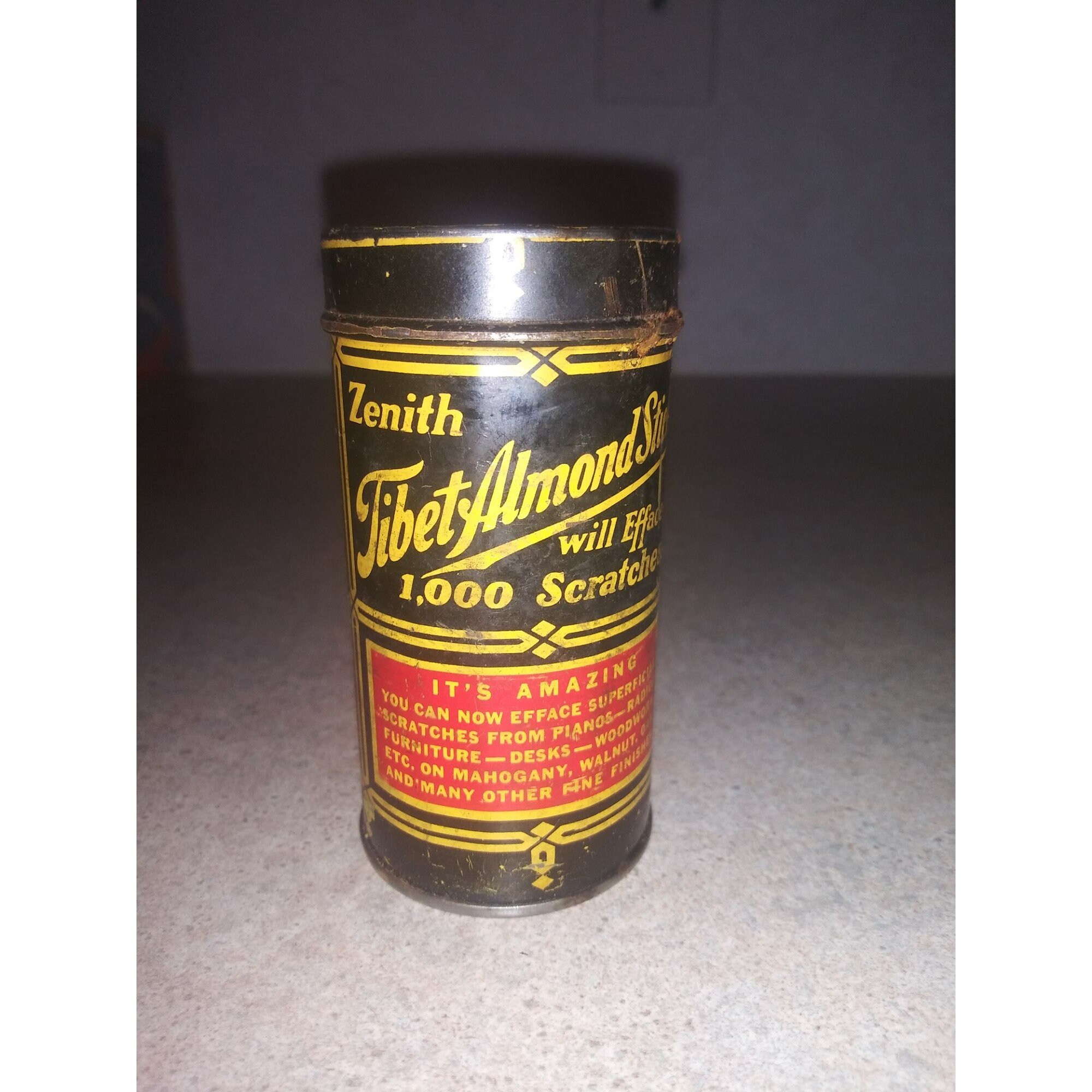 Zenith Tibet Almond Stick Adv Tin SCRATCH REMOVER Vintage NOS