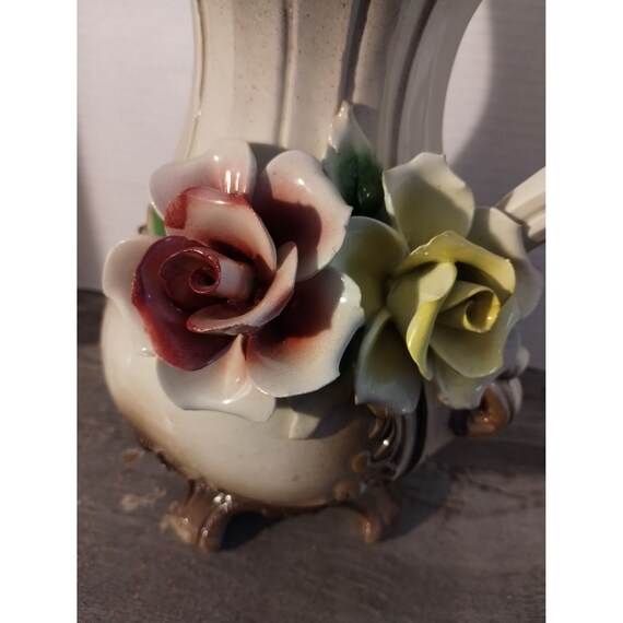 Capodimonte Porcelain Floral Pitcher With High Relief Pink and