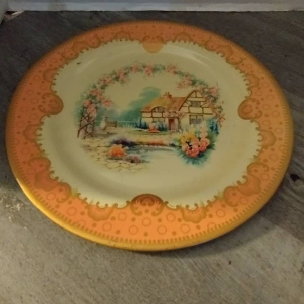 Винтажная жестяная тарелка Baret Ware Cottage 10 дюймов, сделанная в Англии, цветочный сад
