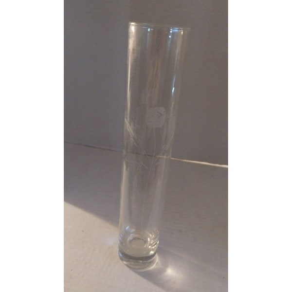 Mackintosh Rose Motif Cylinder Bud Vases Clear Etched Bubble Glass 9 1/2"