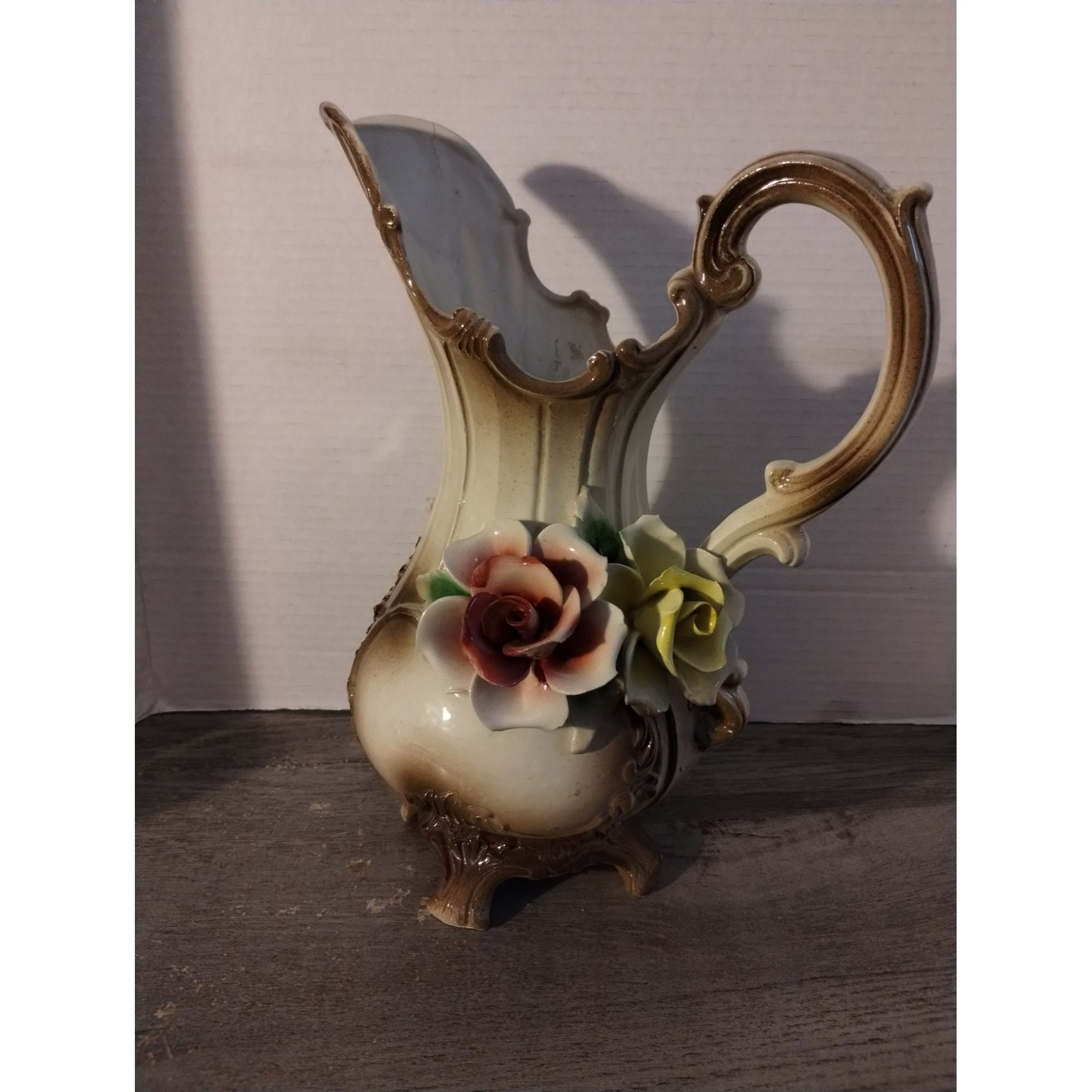 Capodimonte Porcelain Floral Pitcher With High Relief Pink and