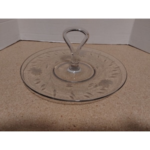 Etched Glass Tray with Loop Handle Pressed Glass Serving Plate